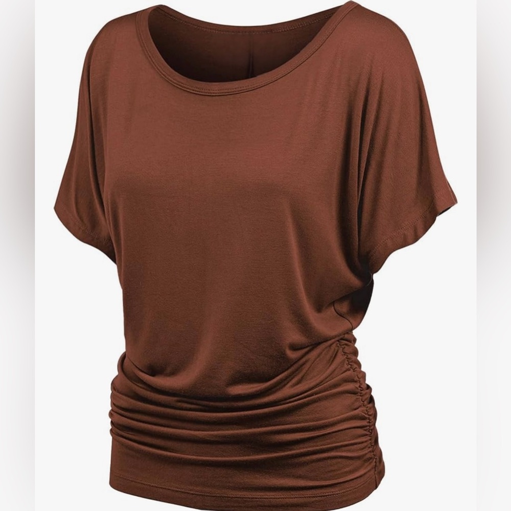 Casual Solid Short Sleeve Boat Neck Dolman Top with Side Shirring -rust